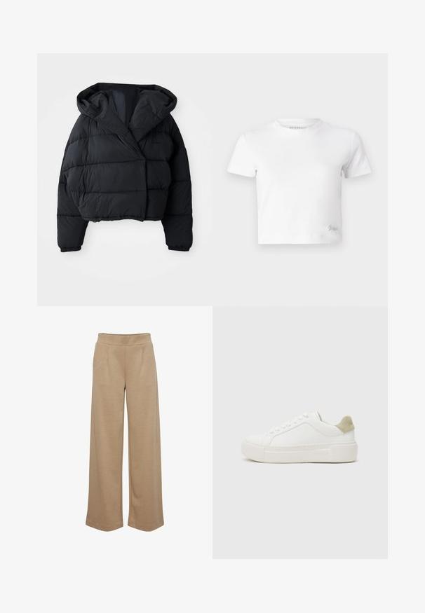 Čierna prešívaná bunda s cropped strihom, s kapucňou, prešívanou textúrou a elastickými manžetami. Minimalistický štýl a ľahký materiál.; Biely croptop vyrobený z hladkej bavlny, s vysokým výstrihom a krátkymi rukávmi. Malé vyšívané logo v dolnom rohu.; Bežové nohavice s širokými nohavicami vyrobené z mäkkého materiálu, s dvoma prednými skladmi, elastickým pásom a hladkou textúrou.; Biele tenisky s hladkým koženým vrchom, svetlosivým semišovým akcentom na päte a masívnou bielou gumovou podrážkou. Obsahujú viazací dizajn.