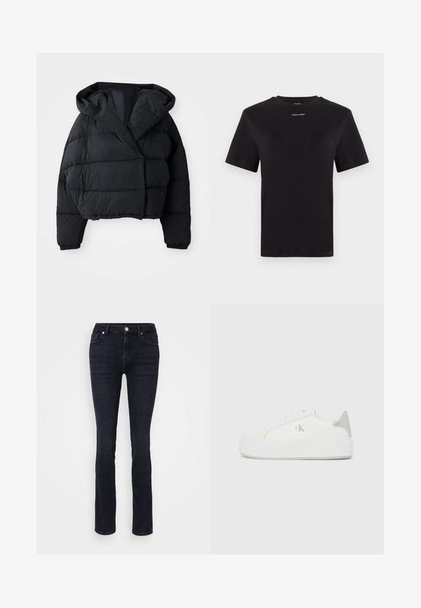Fekete puffdzseki rövidített fazonnal, kapucnival, steppelt textúrával és rugalmas mandzsettákkal. Minimalista stílus és könnyű anyag.; Fekete pamut póló rövid ujjakkal, kerek nyakkivágással és kis fehér "Calvin Klein" logóval a mellkasnál. Simás textúra, klasszikus fazon.; Sötétkék egyenes szabású farmernadrág, öt zsebbel, gombos záródással és minimális varrási részletekkel.; Fehér vászon sportcipők vastag fehér talppal, fényes ezüst részlettel a saroknál és diszkrét logóval az oldalon.