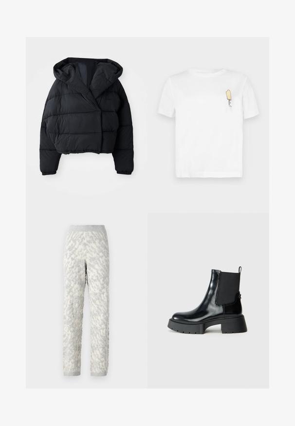 Schwarze Pufferjacke mit einem taillierten Design, ausgestattet mit einer Kapuze, gestepptem Material und elastischen Bündchen. Minimalistischer Stil und leichtes Material.; Weißes Baumwoll-T-Shirt mit kurzen Ärmeln, das auf der linken Brustseite ein minimalistisches, gesticktes gelbes Eis am Stiel-Design zeigt.; Strukturierte Lounge-Hosen in Elfenbein mit grauen Mustern, aus weichem Stoff, mit elastischem Bund und gerippten Bündchen.; Schwarze Knöchelstiefel aus glänzendem Leder mit elastischen Seiteneinsätzen, einem Zugtab und einer robusten Gummisohle mit strukturiertem Profil.