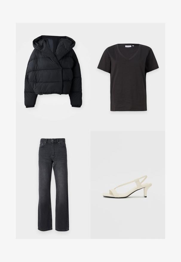 Geacă puffer neagră cu un design scurt, având glugă, textură matlasată și manșete elastice. Stil minimalist și material ușor.; Tricou negru din bumbac cu decolteu în V și mâneci scurte. Design simplu, cu o croială normală și fără modele sau accente.; Jeans negri cu talie înaltă și design drept, realizate din denim. Au cinci buzunare și o purtare subtilă pe întreaga țesătură.; Sandale bej cu toc bloc, cu bretele subțiri și vârf pătrat. Material neted cu detalii minime, concepute pentru a fi ușor de purtat.
