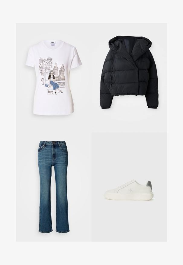 Casaco puffer preto com design cropped, apresentando capuz, textura acolchoada e punhos elásticos. Estilo minimalista e material leve.; T-shirt de algodão branco com uma graphic em preto e branco de uma rapariga, árvores e arranha-céus, com detalhes em denim e a marca "DKNY".; Jeans de cintura alta em denim azul, com um design de perna reta, desbotamento subtil e um fecho padrão com botão e zipper.; Sapatilha branca feita de couro com textura suave, apresentando um detalhe em prateado no calcanhar, sola plana e design minimalista.