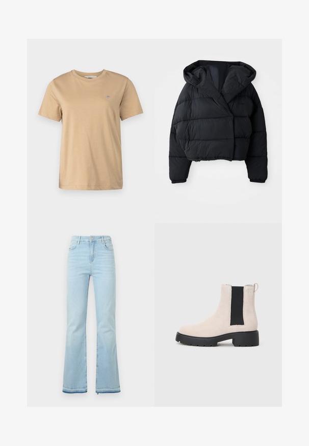 Doudoune noire avec un design court, dotée d'une capuche, d'une texture matelassée et de poignets élastiques. Style minimaliste et matériau léger.; GANT SHIELD - T-shirt basique - caramel beige; Jean flare bleu clair en denim, avec une taille haute, des poches avant et un ourlet brut au niveau des poignets pour un look décontracté.; Bottine Chelsea en suède beige avec panneau latéral élastique noir, semelle épaisse noire et languette au niveau de la cheville.