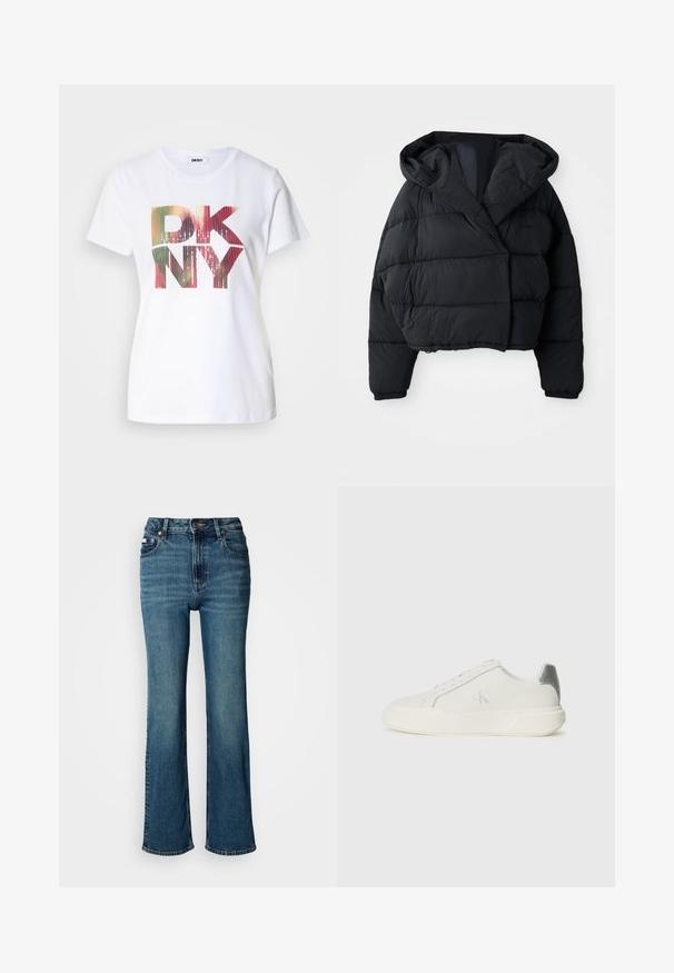 Juodas pūkinis džemperis su apkarpytu dizainu, su gobtuvu, siuvinėta tekstūra ir elastiniais rankovėmis. Minimalistinis stilius ir lengvas audinys.; Baltos medvilnės marškinėliai su dideliu, spalvingu "DKNY" logotipu, turinčiu gradientinį efektą ir blizgančius akcentus. Klasikinio apvalaus kaklo dizainas.; Aukštai juosmeniu mėlyni džinsai iš denimo, turintys tiesaus kirpimo dizainą, švelnų blukimą ir standartinį mygtuko bei užtrauktuko uždarymą.; Balti odiniai sportbačiai su lygiu paviršiumi, turintys sidabrinę akcentą kulne, plokščiu padu ir minimalistiniu dizainu.