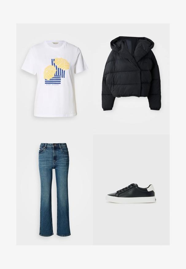 Black puffer jacket with a cropped design, featuring a hood, quilted texture, and elastic cuffs. Minimalist style and lightweight material.; White cotton t-shirt featuring a graphic design of yellow and blue striped beach umbrellas with the text "GANT RESORT" at the bottom.; High-waisted blue jeans made of denim, featuring a straight leg design, subtle fading, and a standard button and zipper closure.; Black low-top sneaker with white sole and heel tab, black laces, and subtle Calvin Klein logo on side, displayed on a plain background.