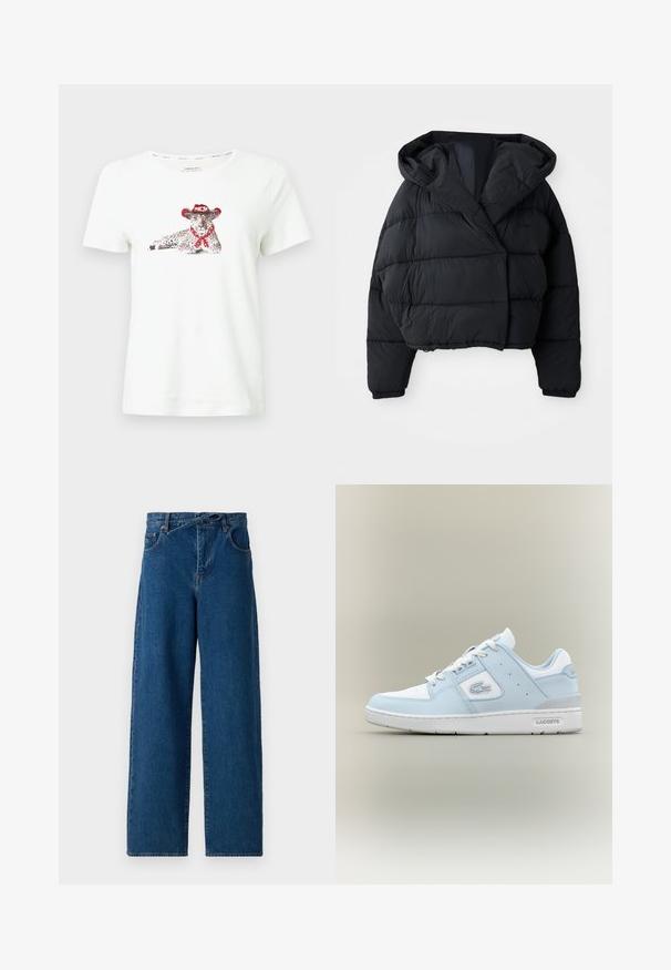 Sort pufferjakke med cropped design, der har hætte, quiltet tekstur og elastiske manchetter. Minimalistisk stil og letvægtsmateriale.; Hvid bomulds t-shirt med print af en leopard iført en rød cowboyhat og tørklæde. Kortærmet og med en afslappet pasform.; Lange bukser i denim i mørkeblå. Høj talje-design med bæltestropper og frontlommer. Glat tekstur og klassisk fem-lomme stil.; Lyseblå lædersneaker med hvide accenter, rund tå, tekstureret panel på siden og en grå hæl. Har klassisk snørelukning.