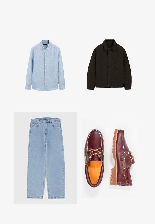 Giacca nera trapuntata con colletto in velluto a coste, bottoni a pressione e tasche laterali, caratterizzata da un design strutturato e un tessuto testurizzato.; Camicia azzurro chiaro a maniche lunghe con bottoni, realizzata in un tessuto texturizzato. Presenta un colletto con bottoni e una patta frontale con bottoni bianchi.; Jeans in denim azzurro chiaro con design a gamba dritta, caratterizzati da una vita media, cinque tasche e chiusura con bottone e zip.; Scarpe in pelle bordeaux con suole in gomma marrone, punta rotonda, cuciture bianche e occhielli dorati. L'interno presenta un rivestimento giallo.