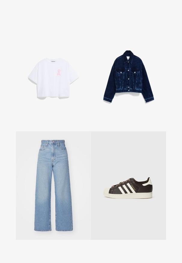 Kort gesneden spijkerjack in donkerblauw, met twee voorzakken, zilverkleurige hardware en contrasterende stiksels. Gestructureerde stof met een klassieke kraag.; Witte cropped t-shirt van zachte katoen, met een roze lintlogo op de linkerborst. Ontspannen pasvorm met korte mouwen en een ronde halslijn.; Lichtblauwe high-waist wijde jeans met een knoop- en ritssluiting aan de voorkant, voor- en achterzakken, op een witte achtergrond.; Low-top Adidas Superstar sneaker in donkerbruin leer met crème shell-toe, witte strepen en de tekst "Superstar" aan de zijkant.