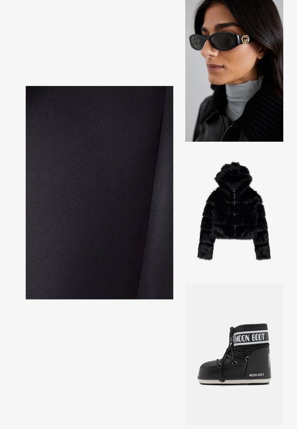 Zwarte nep-bonten cropped jack met een capuchon. Voorzien van een ritsluiting, een zachte textuur en een horizontaal gestikt design.; Zwarte stof met een gladde textuur en een lichte glans. Heeft een effen kleur zonder patronen, vouwen zijn zichtbaar in het materiaal.; Zwarte Moon Boot met een gevoerde bovenkant, bevestigd met veters en een kenmerkende witte band met het logo. Dikke, gestructureerde rubberen zool.; Zwarte zonnebril met een stijlvolle rechthoekige montuur en een gouden logo-accent aan de zijkant. Donkere lenzen en een glanzende afwerking zijn opvallend.