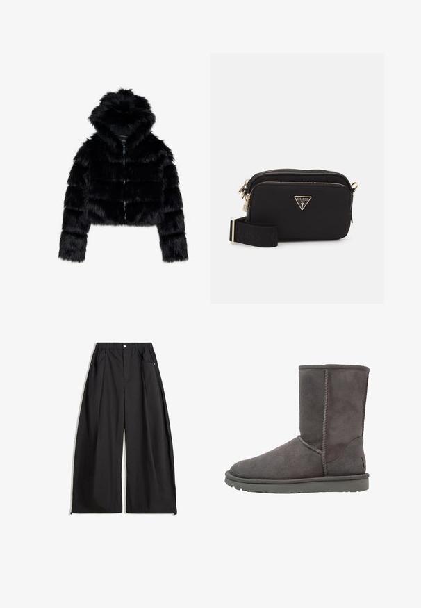 Giacca corta in finta pelliccia nera con cappuccio. Caratterizzata da una chiusura con zip, una texture morbida e un design a righe orizzontali.; Felpa grigia corta in materiale morbido con una grafica frontale con testo rosso e nero. Completata con un cappuccio e polsini a coste.; Pantaloni neri a gamba larga con vita alta, dotati di pieghe, chiusura frontale con bottone e due tasche laterali. Realizzati in tessuto con una finitura testurizzata.; Stivale alla caviglia in suede grigio con punta rotonda, dettagli di cuciture verticali e suola in gomma piatta. Presenta un design semplice e privo di decorazioni.; Borsa a tracolla nera in nylon con un logo triangolare dorato, chiusura con zip e una larga tracolla regolabile con la scritta "GUESS" in nero.