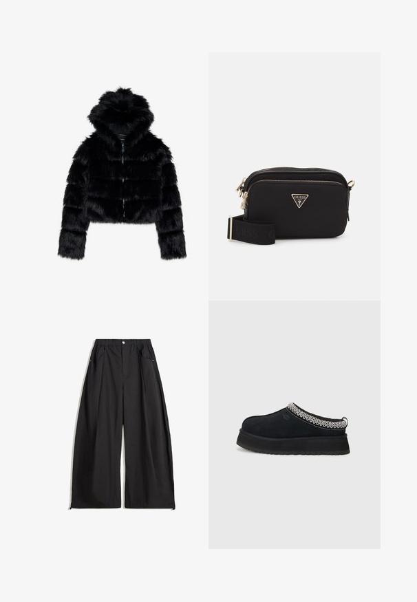 Black faux fur cropped jacket with a hood. Features a zip closure, soft texture, and horizontal quilted design.; Gray cropped hoodie in soft material featuring a front graphic with red and black text. Finished with a hood and ribbed cuffs.; Black wide-leg pants with a high waistband, featuring pleats, a front button closure, and two side pockets. Made from fabric with a textured finish.; Black suede slip-on shoe with a thicker sole, featuring a textured white and black woven accents at the collar.; Black nylon crossbody bag with a gold triangular logo, zip closure, and a wide adjustable strap featuring the word "GUESS" in black.