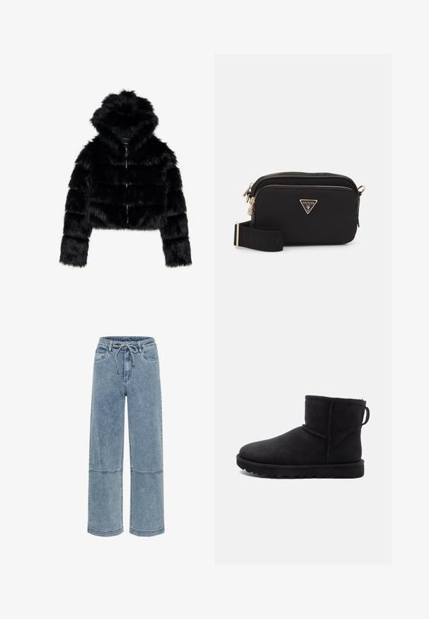 Crna kratka jakna od umjetnog krzna s kapuljačom. Ima patentni zatvarač, mekani tekstur i horizontalni kvadratni uzorak.; Siva skraćena dukserica od mekanog materijala s prednjim grafičkim printom u crvenoj i crnoj boji. Završena s kapuljačom i rebrastim manžetama.; Svijetloplave široke traperice s pojasom na vezanje, dva prednja džepa i vidljivim detaljima šivanja. Ležeran i opušten kroj.; Crne antilop čizme do gležnjeva s okruglim vrhom, obložene s janjećom vunom i ravnim gumеним potplatom. Imaju bočni šav i traku za povlačenje straga.; Crni najlon crossbody ranac s zlatnim trokutastim logotipom, zatvaranjem na zip i širokim podesivim remenom sa riječju "GUESS" u crnoj boji.