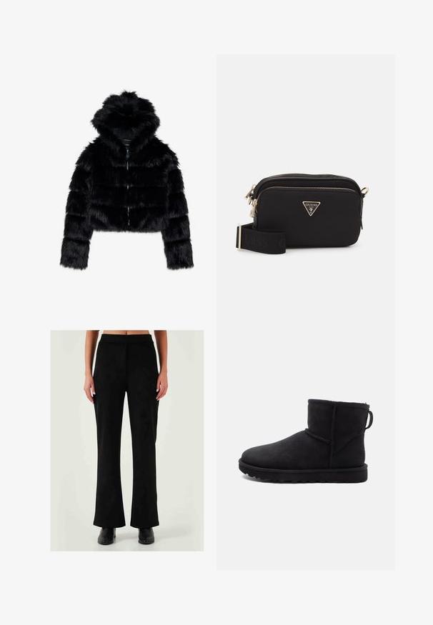 Zwarte nep-bonten cropped jack met een capuchon. Voorzien van een ritsluiting, een zachte textuur en een horizontaal gestikt design.; Grijze cropped hoodie in zachte stof met een voorzijde afbeelding met rode en zwarte tekst. Afgewerkt met een capuchon en ribgebreide mouwen.; Zwarte wijde broek van een gladde, rekbare stof, met een hoge taille en subtiele naaddetails, gedragen met zwarte enkellaarsjes.; Zwarte suède enkellaars met een ronde neus, een shearling voering en een platte rubberen zool. Heeft een zijnaad en een lus aan de achterkant.; Zwarte nylon schoudertas met een gouden driehoekig logo, ritssluiting en een brede verstelbare schouderband met het woord "GUESS" in het zwart.