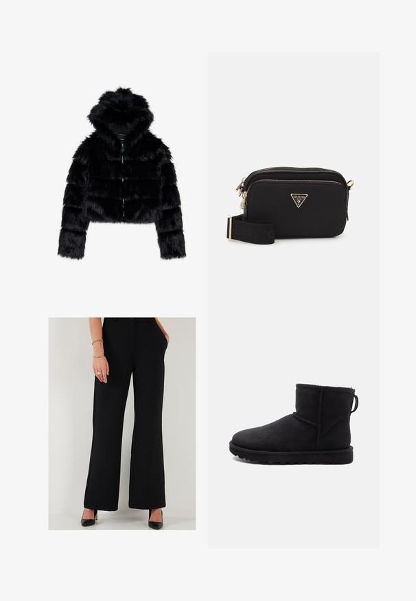Sort faux fur cropped jakke med hætte. Har lynlåslukning, blød tekstur og horisontal quiltet design.; Grå cropped hoodie i blødt materiale med et frontgrafik med rød og sort tekst. Afsluttet med hætte og ribbede manchetter.; Sorte brede bukser lavet af glat stof med forlommer, der har en tætsiddende talje og en knaplukning foran.; Sort ruskinds ankelstøvle med rund tå, et shearling-fôr og en flad gummisål. Har en sidesøm og en trækflap bagpå.; Sort nylon crossbody taske med et guld trekantet logo, lynlås-lukning, og en bred justerbar rem med ordet "GUESS" i sort.