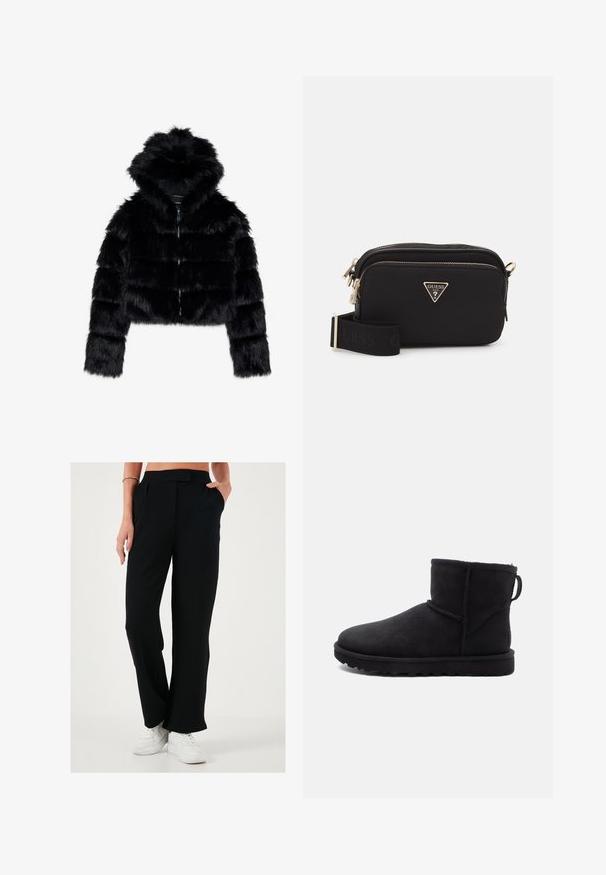 Jachetă din blană sintetică neagră, scurtă, cu glugă. Dispune de închidere cu fermoar, textură moale și design matlasat horizontal.; Hanorac gri scurt din material moale, cu un grafic frontal care are text roșu și negru. Finalizat cu glugă și manșete ribbate.; Pantaloni negri, cu croi larg, cu o textură netedă, cu pliuri în față și buzunare laterale. Purtați cu adidași albi pentru contrast.; Botă ankle din suede negru, cu vârf rotund, căptușeală din blană de oaie și talpă din cauciuc plat. Dispune de o cusătură laterală și o mânere în partea din spate.; Geantă de umăr din nylon negru, cu un logo triunghiular aurit, închidere cu fermoar și o curea ajustabilă lată, pe care este scris cu negru cuvântul "GUESS".