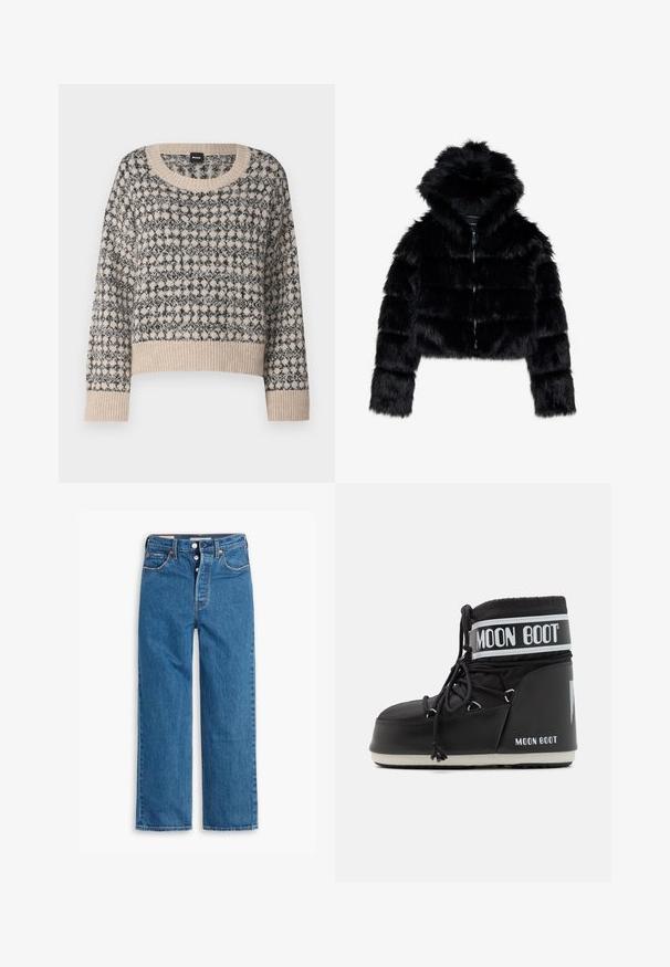 Black faux fur cropped jacket with a hood. Features a zip closure, soft texture, and horizontal quilted design.; Beige and black patterned sweater with a round neckline, long sleeves, and ribbed hem. Features a geometric design with a soft texture.; Blue denim straight-leg jeans with a high waist, five-pocket design, and button fly. Noticeable stitching and copper-tone rivets.; Black Moon Boot with a padded upper, secured by laces and a distinctive white band featuring the logo. Thick, textured rubber sole.