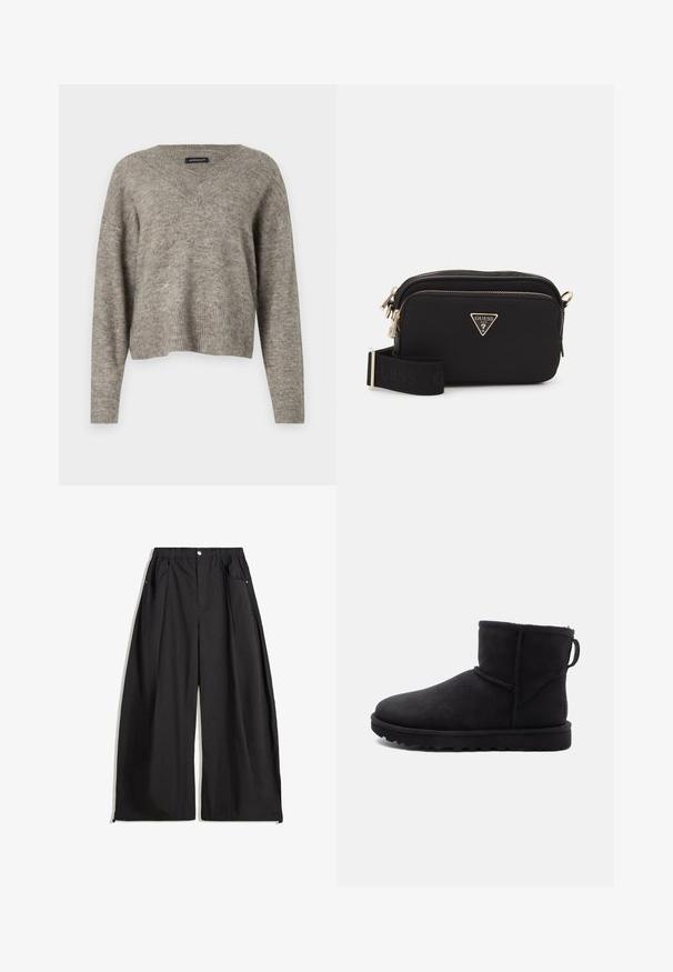 Schwarze Kunstfell-Bolerojacke mit Kapuze. Sie verfügt über einen Reißverschluss, eine weiche Textur und ein quer gestepptes Design.; V-Ausschnitt, langärmliger Pullover aus hellgrauem Strickstoff mit geripptem Saum. Leichte Textur, leicht verkürztes Design mit entspannter Passform.; Schwarze weite Hosen mit hoher Taille, ausgestattet mit Falten, einem Knopfverschluss vorne und zwei seitlichen Taschen. Hergestellt aus einem Stoff mit strukturiertem Finish.; Schwarze Wildleder-Stiefelette mit runder Zehenpartie, einem Schafsfellfutter und einer flachen Gummisohle. Mit einer Seitennaht und einem Ziehband an der Rückseite.; Schwarze Nylon-Crossbody-Tasche mit einem goldenen dreieckigen Logo, Reißverschluss und einem breiten verstellbaren Trageriemen, der das Wort "GUESS" in Schwarz trägt.