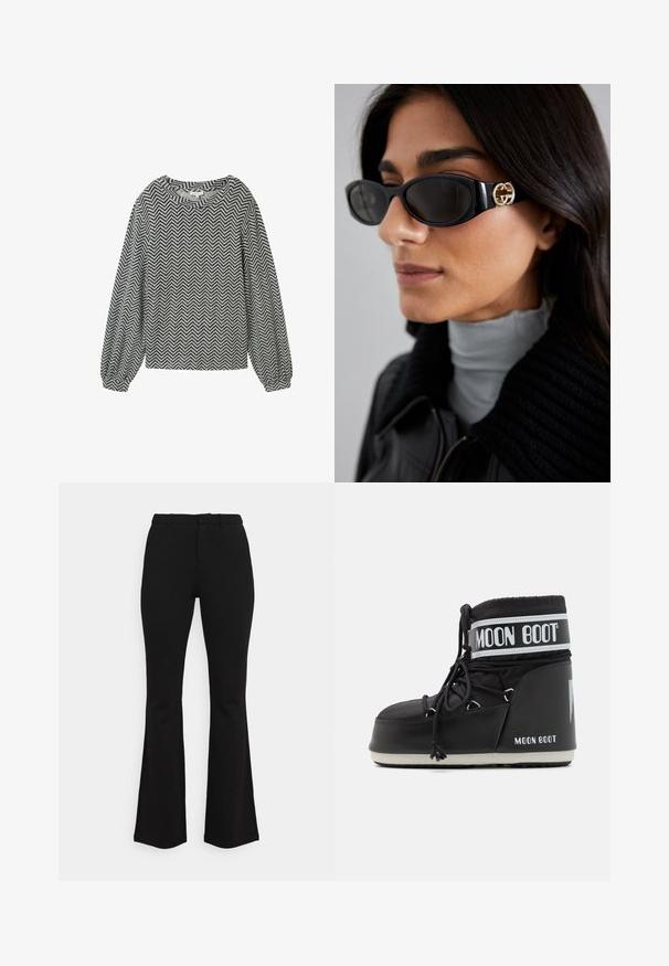 Veste cropped en fausse fourrure noire avec capuche. Elle présente une fermeture éclair, une texture douce et un design matelassé horizontal.; T-shirt à manches longues en motif chevrons noir et blanc, doté d'un col rond et de manches légèrement bouffantes avec des poignets élastiques.; Pantalons évasés noirs en tissu extensible. Présentent une taille ajustée, un design à l'avant plat et de subtils détails de couture. Texture lisse dans l'ensemble.; Bottes de lune noires avec un dessus rembourré, maintenues par des lacets et une bande blanche distinctive portant le logo. Semelle en caoutchouc épaisse et texturée.; Lunettes de soleil noires avec une monture rectangulaire élégante et un accent logo doré sur le côté. Les verres sombres et la finition brillante sont proéminents.; Rabanne Sac à main - black/silver; Bague dorée avec un design en perles, comportant des perles rondes uniformément espacées avec une surface brillante et réfléchissante.
