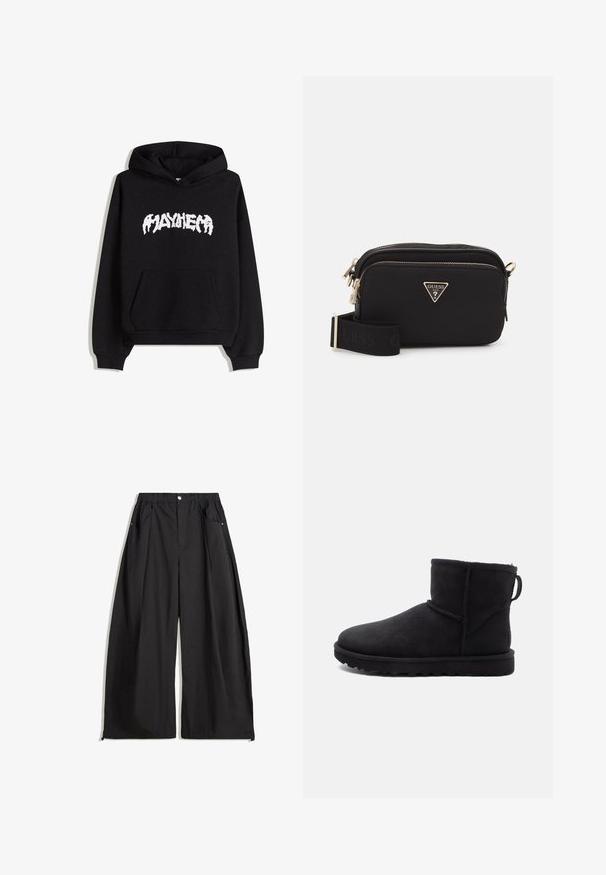 Giacca corta in finta pelliccia nera con cappuccio. Caratterizzata da una chiusura con zip, una texture morbida e un design a righe orizzontali.; Felpa nera con cappuccio realizzata in cotone, dotata di una texture morbida, una tasca frontale e la parola "MAYHEM" in caratteri bianchi stilizzati.; Pantaloni neri a gamba larga con vita alta, dotati di pieghe, chiusura frontale con bottone e due tasche laterali. Realizzati in tessuto con una finitura testurizzata.; Stivale alla caviglia in suede nero con punta rotonda, fodera in pelliccia sintetica e suola in gomma piatta. Presenta una cucitura laterale e un tassello sul retro.; Borsa a tracolla nera in nylon con un logo triangolare dorato, chiusura con zip e una larga tracolla regolabile con la scritta "GUESS" in nero.
