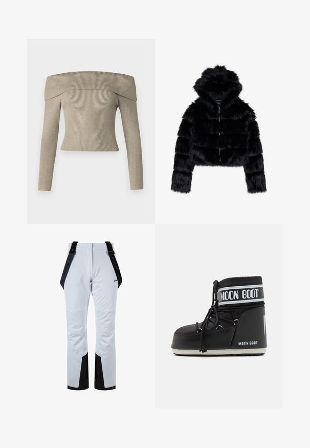 Černá umělá kožešinová zkrácená bunda s kapucí. Obsahuje zipové zapínání, měkkou texturu a vodorovný prošívaný design.; Béžový pletený top s odkrytými rameny, dlouhými rukávy a přiléhavým střihem. Na spodním lemu se nachází malá logo aplikace.; Bílé voděodolné kalhoty s černými akcenty, vybavené kšandami, hladkým povrchem a rovnými nohavicemi, vhodné pro venkovní aktivity.; Černé Moon Boots s polstrovanou svrškem, upevněné tkaničkami a výrazným bílým pruhem s logem. Tlustá, texturovaná gumová podrážka.