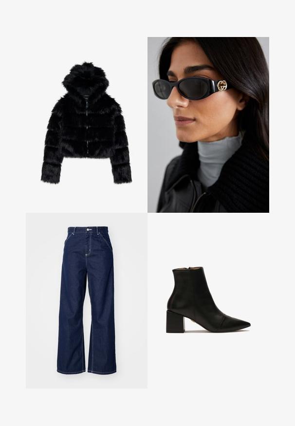 Veste cropped en fausse fourrure noire avec capuche. Elle présente une fermeture éclair, une texture douce et un design matelassé horizontal.; Chemise blanche à boutons avec un col pointu, des manches longues et un petit logo bleu sur la poitrine gauche. Fabriquée en tissu en coton.; Jean large en denim bleu foncé, avec une taille haute, des coutures blanches contrastantes et un design traditionnel à cinq poches.; Bottine en cuir noir avec un bout pointu, un talon carré et une fermeture éclair à l'arrière. Texture lisse avec des détails de couture minimalistes.; Lunettes de soleil noires avec une monture rectangulaire élégante et un accent logo doré sur le côté. Les verres sombres et la finition brillante sont proéminents.; Sac à main matelassé noir avec une bandoulière en chaîne dorée, présentant un fermoir doré distinctif et une petite étiquette, mettant en valeur une surface en cuir texturé.