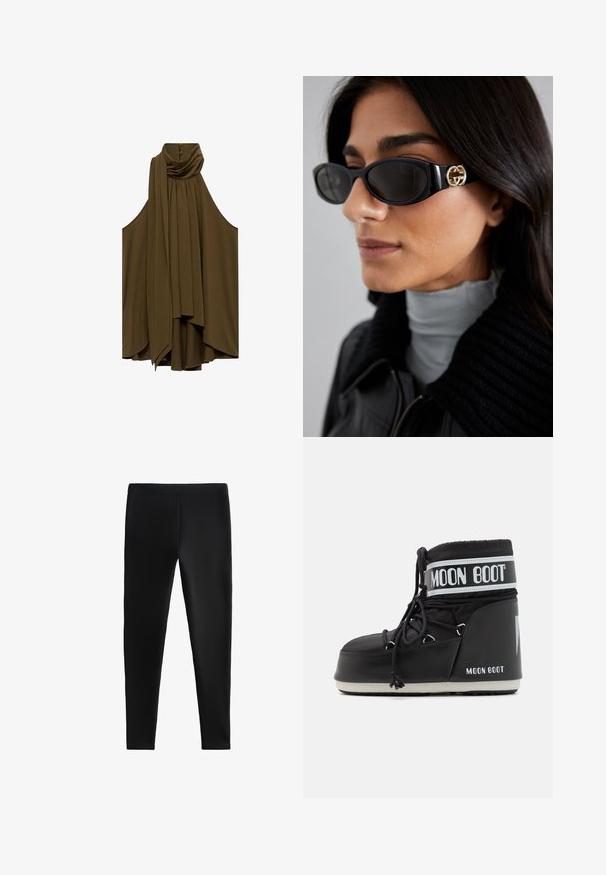 Jachetă din blană sintetică neagră, scurtă, cu glugă. Dispune de închidere cu fermoar, textură moale și design matlasat horizontal.; Bluză fără mâneci de culoare verde măsliniu, cu decolteu drapat și pliseuri. Material moale, formă fluidă, cu nasturi la spate.; Colanți negri dintr-un material elastic, cu un design ajustat, fără cusături vizibile sau buzunare, potriviți pentru diverse activități.; Cizmă neagră Moon Boot cu partea superioară căptușită, asigurată cu șireturi și o bandă albă distinctivă pe care se află logo-ul. Talpă groasă din cauciuc texturat.; Ochelari de soare negri, cu un cadru rectangular elegant și un accent cu logo auriu pe lateral. Lentile întunecate și finisaj lucios sunt proeminente.