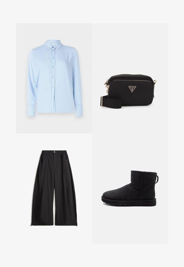 Črna umetna krznena kratka jakna s kapuco. Ima zadrgo, mehak tekstur in vodoravni prešiti dizajn.; Svetlo modra prugasta srajca s dolgimi rokavi in ovratnikom, gumbom spredaj ter kontrastnimi prugastimi manšetami. Gladek občutek tkanine.; Črne široke hlače z visokim pasom, ki vključujejo izpustke, sprednje zapiranje na gumb in dve stranski žepi. Narejene iz tkanine z teksturiranim zaključkom.; Črne antilop škornje do gležnjev z okroglo konico, obložene s krznom in z ravnim gumijastim podplatom. Imajo stranski šiv in zanka za obuvanje na zadnji strani.; Črna najlon torbica čez ramo z zlatim trikotnim logotipom, z zadrgo in širokim nastavljivim trakom, na katerem je napis "GUESS" v črni barvi.