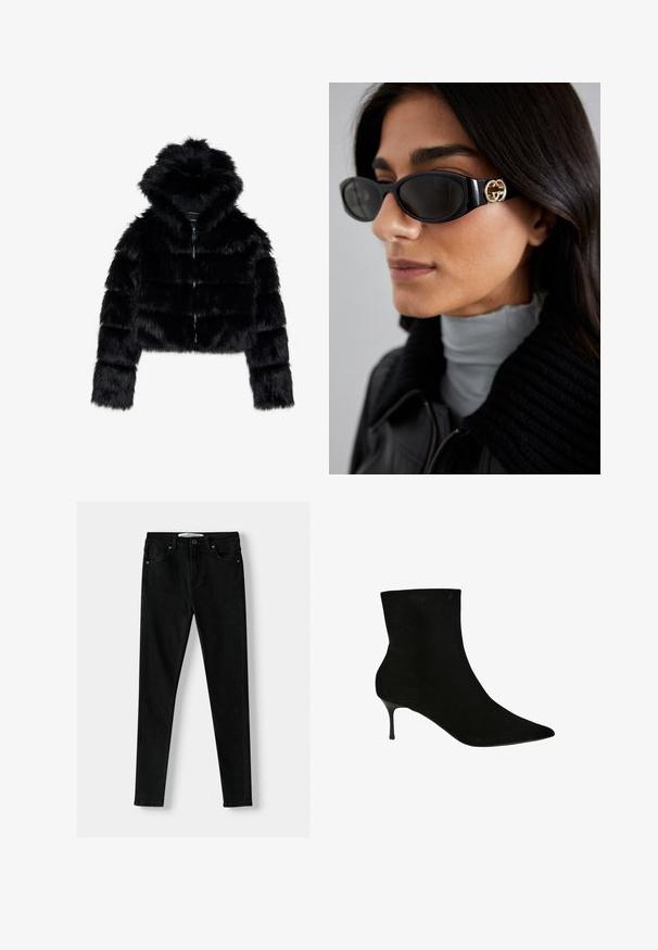 Veste cropped en fausse fourrure noire avec capuche. Elle présente une fermeture éclair, une texture douce et un design matelassé horizontal.; Deux tops à manches longues en col roulé, l'un blanc et l'autre noir, fabriqués dans un tissu lisse et extensible, tous deux dotés d'une coupe ajustée et de cols hauts.; Jean slim fit noirs en denim, avec un design classique à cinq poches, fermeture éclair et bouton en métal. Texture lisse sur l'ensemble.; Bottine en suède noir avec un bout pointu et un talon aiguille élancé. Texture lisse et silhouette ajustée, rehaussant le design.; Lunettes de soleil noires avec une monture rectangulaire élégante et un accent logo doré sur le côté. Les verres sombres et la finition brillante sont proéminents.