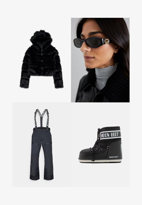 Crna kratka jakna od umjetnog krzna s kapuljačom. Ima patentni zatvarač, mekani tekstur i horizontalni kvadratni uzorak.; Crna turtleneck majica dugih rukava, napravljena od rebraste tkanine, ima uski kroj s visokim ovratnikom i bez uzoraka ili dekoracija.; Crne skijaške hlače s podesivim naramenicama, džepovima na zip i teksturiranim panelima. Sadrže ojačane rubove za izdržljivost.; Crne Moon Boots s podstavljenim gornjim dijelom, učvršćene vezicama i posebnom bijelom trakom s logotipom. Debeli, teksturirani gumeni potplat.; Crne sunčane naočale sa elegantnim pravokutnim okvirom i zlatnim logotipom na strani. Tamna stakla i sjajni finiš su istaknuti.; Crna kvačasta torba s zlatnim lancem, s karakterističnim zlatnim kopčanjem i malom oznakom, koja prikazuje teksturiranu kožnu površinu.