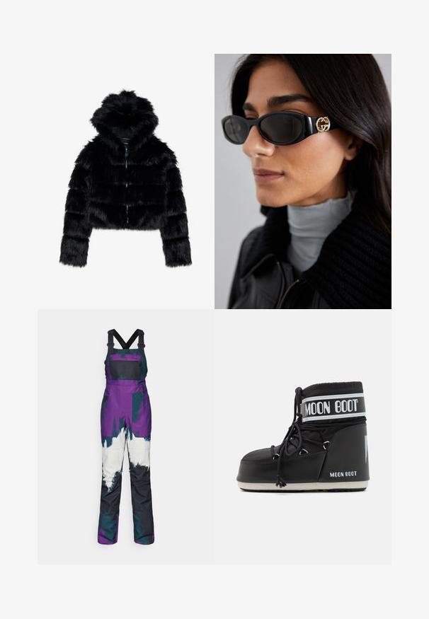 Černá umělá kožešinová zkrácená bunda s kapucí. Obsahuje zipové zapínání, měkkou texturu a vodorovný prošívaný design.; Bílá přiléhavá tričko z bavlny, s kulatým výstřihem a krátkými rukávy, s jemně modrým vyšitým logem na přední straně.; Fialové a tyrkysové sněhové kombinézy s nastavitelnými černými popruhy, vybavené hrudním kapsou, výraznými barevnými bloky a voděodolným provedením.; Černé Moon Boots s polstrovanou svrškem, upevněné tkaničkami a výrazným bílým pruhem s logem. Tlustá, texturovaná gumová podrážka.; Černé sluneční brýle s elegantním obdélníkovým rámem a zlatým logem na boční straně. Tmavé čočky a lesklý povrch jsou výrazné.