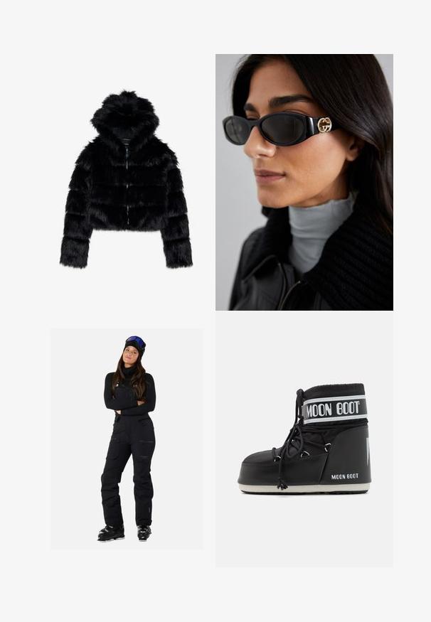 Czarna kurtka z sztucznego futra, krótka, z kapturem. Posiada zamek błyskawiczny, miękką fakturę oraz poziomy, pikowany wzór.; Czarna koszulka z długim rękawem wykonana z miękkiego materiału, z okrągłym dekoltem, prostym wzornictwem i bez widocznych wzorów czy ozdób.; Czarne narciarskie ogrodniczki z regulowanymi ramiączkami, wieloma kieszeniami oraz eleganckim, wodoodpornym wykończeniem. Posiadają dopasowany krój i trwały materiał.; Czarne buty Moon Boot z wyściełanym cholewką, zabezpieczone sznurówkami i charakterystycznym białym paskiem z logo. Gruba, teksturowana gumowa podeszwa.; Czarne okulary przeciwsłoneczne o eleganckim, prostokątnym kształcie z logo w kolorze złotym na boku. Ciemne soczewki i błyszczące wykończenie są wyraźnie widoczne.