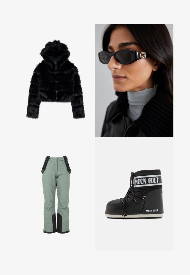 Svart fuskpälsjacka i cropped modell med huva. Har dragkedjeslutning, mjuk textur och horisontellt quiltat mönster.; Svart, långärmad cropped top med hög krage. Tillverkad av slät, åtsittande material utan synliga mönster eller detaljer.; Gröna skidbyxor med justerbara svarta hängslen, förstärkta svarta detaljer vid anklarna och en något avsmalnad form för komfort.; Svart Moon Boot med en vadderad ovandel, säkrad med snörning och ett distinkt vitt band med logotypen. Tjock, texturerad gummisula.; Svarta solglasögon med en elegant rektangulär ram och en guldfärgad logotypaccent på sidan. Mörka linser och en blank yta är framträdande.
