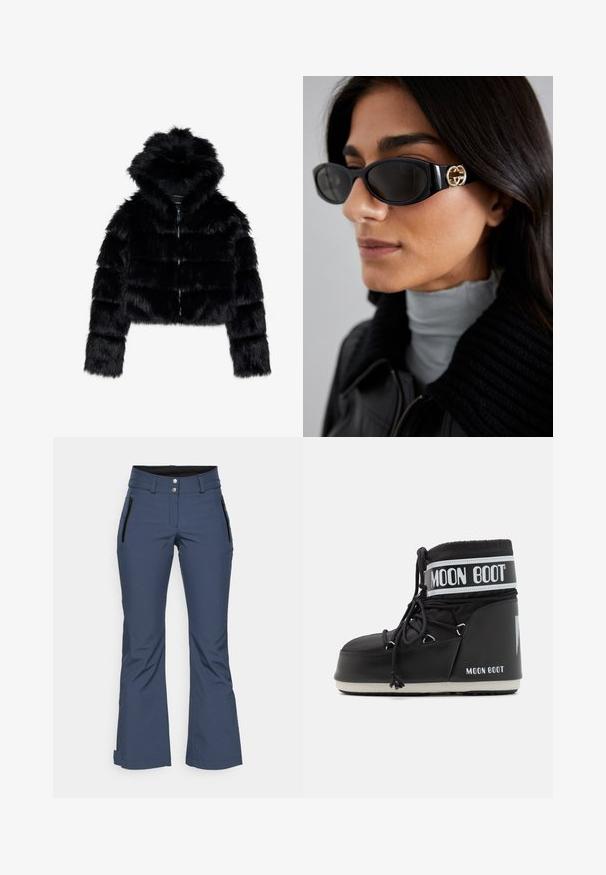 Černá umělá kožešinová zkrácená bunda s kapucí. Obsahuje zipové zapínání, měkkou texturu a vodorovný prošívaný design.; Černý, dlouhý rukáv, cropped top s vysokým výstřihem. Vyrobeno z hladkého, přiléhavého materiálu bez viditelných vzorů nebo akcentů.; Námořnické modré venkovní kalhoty z flexibilní tkaniny, s vysokým pasem, dvěma kapsami na zip po stranách a rozšířeným designem na lemu.; Černé Moon Boots s polstrovanou svrškem, upevněné tkaničkami a výrazným bílým pruhem s logem. Tlustá, texturovaná gumová podrážka.; Černé sluneční brýle s elegantním obdélníkovým rámem a zlatým logem na boční straně. Tmavé čočky a lesklý povrch jsou výrazné.