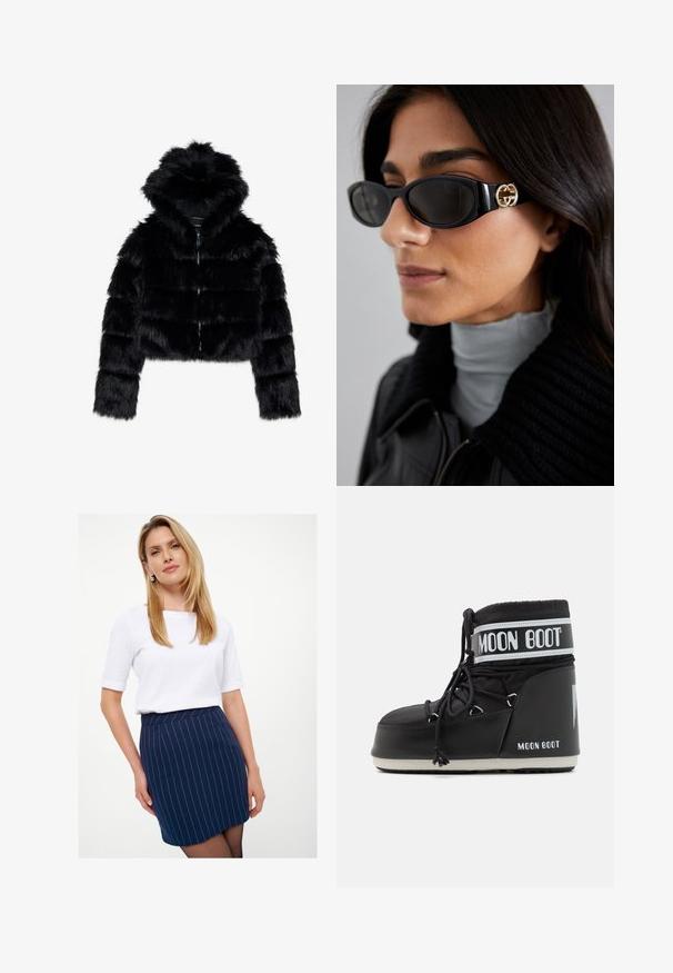 Giacca corta in finta pelliccia nera con cappuccio. Caratterizzata da una chiusura con zip, una texture morbida e un design a righe orizzontali.; Maglietta nera a maniche lunghe in tessuto testurizzato, con un design ondulato e motivi a fiocco in rilievo. Collo arrotondato e silhouette aderente.; Gonna a righe navy con un design aderente e una vita alta, abbinata a una maglietta bianca a maniche corte. Tessuto liscio, stile minimalista.; Stivale Moon Boot nero con tomaia imbottita, fissata da lacci e una distintiva fascia bianca con il logo. Suola in gomma spessa e texture.; Occhiali da sole neri con una montatura rettangolare elegante e un accento del logo dorato sul lato. Le lenti scure e la finitura lucida sono evidenti.