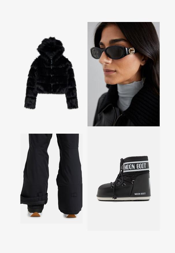 Musta tekoturkis lyhyt takki huppulla. Varustettu vetoketjulla, pehmeällä pinnalla ja vaakasuoralla tikatulla muotoilulla.; Mustapaita pitkillä hihoilla, jossa on teksturoitu kangas, aaltoileva muotoilu ja kohotetut nauhakuviot kauttaaltaan. Pyöreä pääntie ja vartalonmyötäinen malli.; Mustat lumihousut, joissa on pehmustettu alaosa, säädettävät hihnat ja tyylikäs, matta pinta; sopivat talviurheiluun.; Musta Moon Boot, jossa on pehmustettu päällinen, joka on kiinnitetty nauhoilla ja jossa on erottuva valkoinen nauha, jossa on logo. Paksu, teksturoitu kumipohja.; Mustat aurinkolasit, joissa on tyylikäs suorakulmainen kehys ja kultainen logo-akkentti sivussa. Tumma linssit ja kiiltävä pinta ovat huomattavissa.