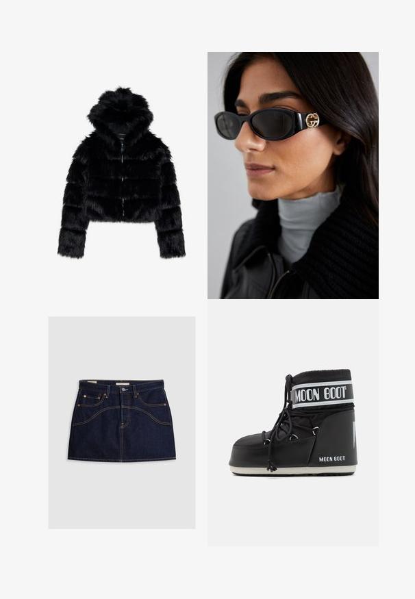 Jachetă din blană sintetică neagră, scurtă, cu glugă. Dispune de închidere cu fermoar, textură moale și design matlasat horizontal.; Cămașă albă cu mânecă lungă și guler înalt, fabricată dintr-un material neted și elastic. Are o croială ajustată și un guler înalt. Fără modele sau accente vizibile.; Fustă din denim de un indigo închis cu o siluetă ajustată, cinci buzunare și cusături galbene contrastante pe margini. Închidere cu nasture metalic la talie.; Cizmă neagră Moon Boot cu partea superioară căptușită, asigurată cu șireturi și o bandă albă distinctivă pe care se află logo-ul. Talpă groasă din cauciuc texturat.; Ochelari de soare negri, cu un cadru rectangular elegant și un accent cu logo auriu pe lateral. Lentile întunecate și finisaj lucios sunt proeminente.
