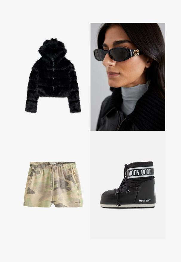 Must värvi faux karusnaha lühike jakk kapuutsiga. Omab tõmblukku, pehmet tekstuuri ning horisontaalset tikandimustrid.; Valge pikad varrukad kõrge kaelusega särk, valmistatud sujuvast ja venivast kangast. Omab tihedat istuvust ja kõrget kraed. Ei ole nähtavaid mustreid ega aktsente.; Lühikesed lühikesed püksid, millel on beeži, rohelise ja halli toonides kamuflaažimuster; varustatud elastse vöökoha ja paelaga ning küljetaskutega. Tekstureeritud kangas.; Must musta moonboot, millel on pehmendatud ülaserv, mis on kinnitatud paeltega ja millel on iseloomulik valge riba, millel on logo. Paks, tekstureeritud kummitald.; Mustad musternuga prillid, millel on ansamblil süsimust ristkülikukujuline raam ja külgedel kuldne logo. Tumeda objektiiviga ja läikiv viimistlus on silmatorkavad.