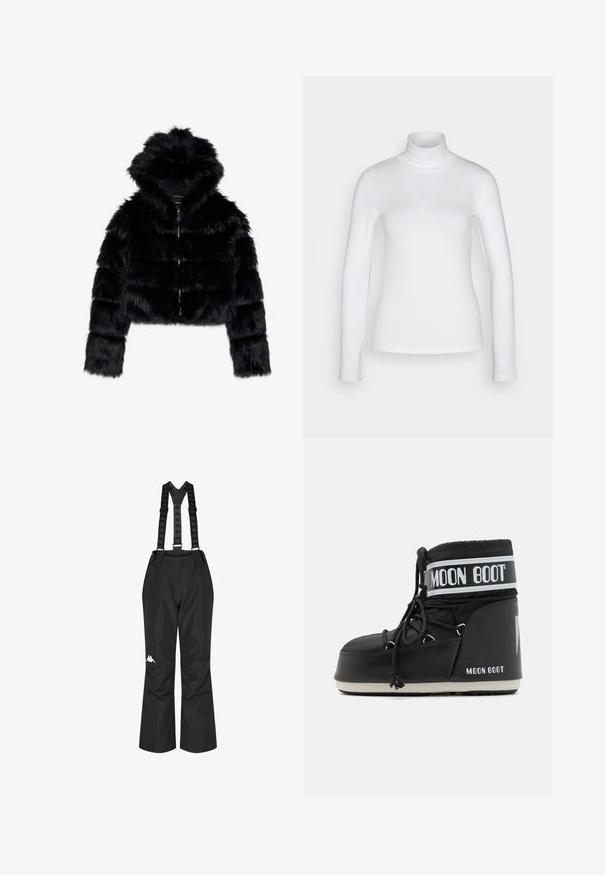 Črna umetna krznena kratka jakna s kapuco. Ima zadrgo, mehak tekstur in vodoravni prešiti dizajn.; Bela dolga majica s turtleneck ovratom, izdelana iz gladkega, elastičnega materiala. Ima oprijet kroj in visok ovratnik. Brez vidnih vzorcev ali dodatkov.; Črne vodoodporne hlače z nastavljivimi naramnicami in logotipom. Ravne hlačnice in gladka tekstura za udobje in fleksibilnost.; Črne Moon Boot z oblazinjenim zgornjim delom, pritrjenim z vezalkami in značilnim belim trakom, ki nosi logotip. Debel, strukturiran gumijast podplat.