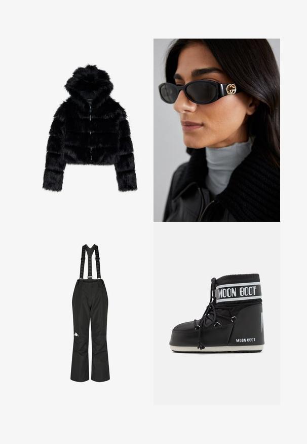 Melnā mākslīgā kažokādas kroptā jaka ar kapuci. Iespējas: rāvējslēdzēja aizdare, mīksta tekstūra un horizontāla quiltēta dizaina.; Balta garo piedurkņu turtlenecka krekls, izgatavots no gludas, elastīgas auduma. Tam ir cieši pieguloša forma un augsts apkakles. Nav redzamu rakstu vai akcentu.; Melnas ūdensizturīgas bikses ar regulējamām piekārēm, uz kurām ir logo. Taisna kāju dizains un gluda tekstūra komfortam un elastīgumam.; Melna Mēness zābaku ar mīkstu augšdaļu, kas nostiprināta ar auklām un izceļas ar izteiksmīgu balto joslu ar logotipu. Resna, strukturēta gumijas zole.; Melni saulesbrilles ar gludu taisnstūra formu un zelta logo akcentu uz sāna. Tumši objektīvi un spīdīga apdare ir izceltas.