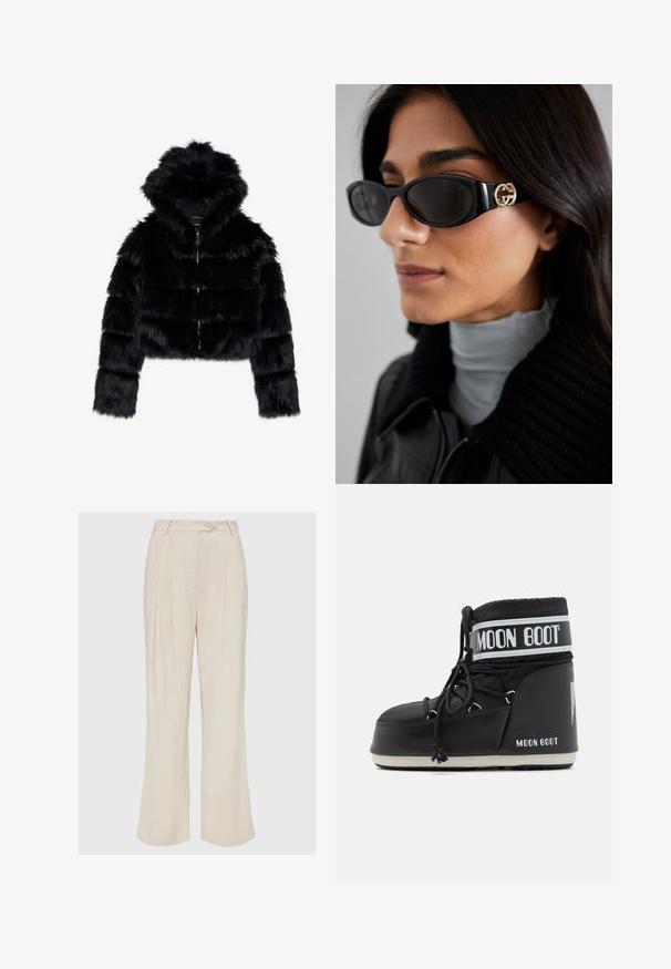 Fekete műszőrme rövid kabát kapucnival. Cipzárral záródik, puha tapintású és vízszintes steppelt mintázattal rendelkezik.; Fehér, hosszú ujjú garbó póló, sima, rugalmas anyagból készült. Szoros illeszkedésű és magas gallérral rendelkezik. Nincsenek látható minták vagy díszítések.; Beige plisírozott nadrág könnyű anyagból, gombos záródással és laza, széles lábú fazonnal. Sima textúra és éles vonalak.; Fekete Moon Boot párnázott felsőrésszel, fűzővel rögzítve, jellegzetes fehér szalaggal, amelyen a logo található. Vastag, texturált gumitalp.; Fekete napszemüveg, sima, téglalap alakú kerettel, arany logóval az oldalon. Sötét lencsék és fényes felület jellemzi.