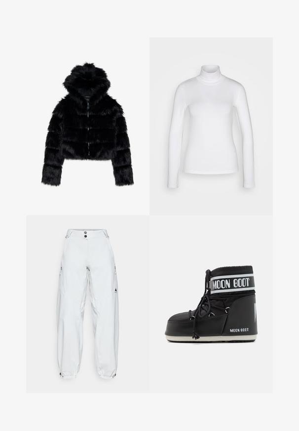 Black faux fur cropped jacket with a hood. Features a zip closure, soft texture, and horizontal quilted design.; White long-sleeve turtleneck shirt made from a smooth, stretchy fabric. Features a snug fit and a high collar. No visible patterns or accents.; White, loose-fitting ski pants made of waterproof material, featuring two zippered side pockets, button closure, and elastic cuffs.; Black Moon Boot with a padded upper, secured by laces and a distinctive white band featuring the logo. Thick, textured rubber sole.