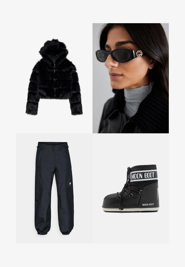 Černá umělá kožešinová zkrácená bunda s kapucí. Obsahuje zipové zapínání, měkkou texturu a vodorovný prošívaný design.; Bílý dlouhý rukáv rolák vyrobený z hladkého, pružného materiálu. Má těsný střih a vysoký límec. Žádné viditelné vzory ani akcenty.; Černé vodotěsné kalhoty s hladkým povrchem, elastickými manžetami, bočními kapsami na zip a logem hory na spodní části nohavice.; Černé Moon Boots s polstrovanou svrškem, upevněné tkaničkami a výrazným bílým pruhem s logem. Tlustá, texturovaná gumová podrážka.; Černé sluneční brýle s elegantním obdélníkovým rámem a zlatým logem na boční straně. Tmavé čočky a lesklý povrch jsou výrazné.
