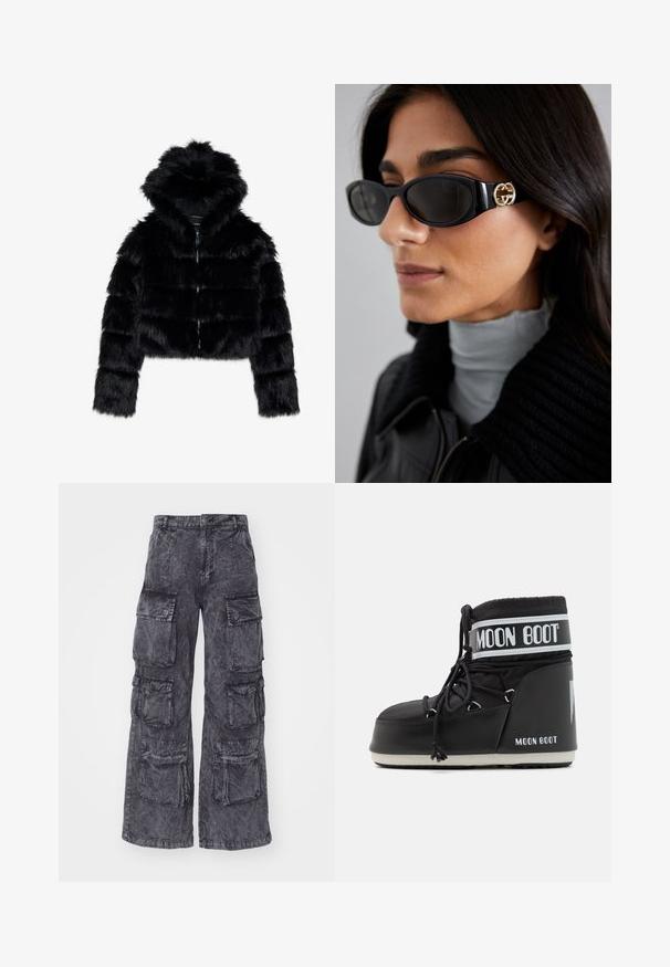 Giacca corta in finta pelliccia nera con cappuccio. Caratterizzata da una chiusura con zip, una texture morbida e un design a righe orizzontali.; Maglione bianco a maniche lunghe con collo alto, realizzato in un tessuto liscio e elastico. Presenta una vestibilità aderente e un colletto alto. Nessun motivo o accento visibile.; Alpha Industries MULTIPOCKET PANT - Pantaloni cargo - black; Stivale Moon Boot nero con tomaia imbottita, fissata da lacci e una distintiva fascia bianca con il logo. Suola in gomma spessa e texture.; Occhiali da sole neri con una montatura rettangolare elegante e un accento del logo dorato sul lato. Le lenti scure e la finitura lucida sono evidenti.