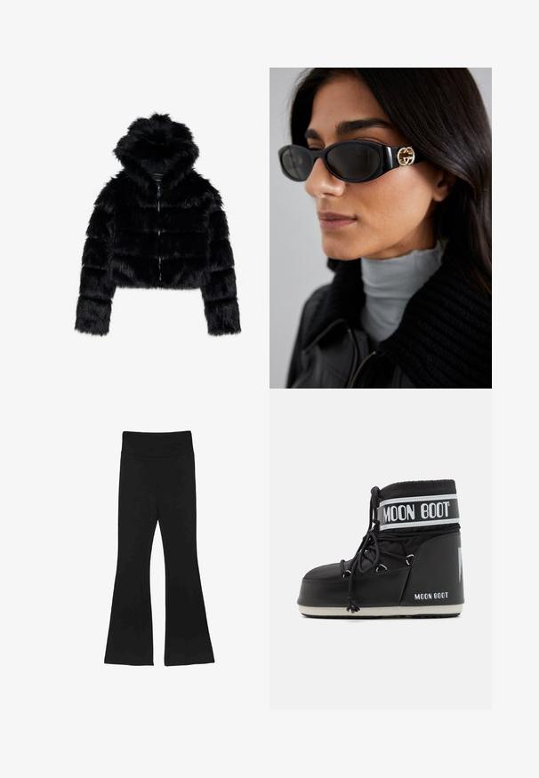 Giacca corta in finta pelliccia nera con cappuccio. Caratterizzata da una chiusura con zip, una texture morbida e un design a righe orizzontali.; Maglione bianco a maniche lunghe con collo alto, realizzato in un tessuto liscio e elastico. Presenta una vestibilità aderente e un colletto alto. Nessun motivo o accento visibile.; Pantaloni neri a zampa d'elefante con una cintura larga e un tessuto liscio e elasticizzato. Le gambe si allargano, creando una silhouette definita.; Stivale Moon Boot nero con tomaia imbottita, fissata da lacci e una distintiva fascia bianca con il logo. Suola in gomma spessa e texture.; Occhiali da sole neri con una montatura rettangolare elegante e un accento del logo dorato sul lato. Le lenti scure e la finitura lucida sono evidenti.