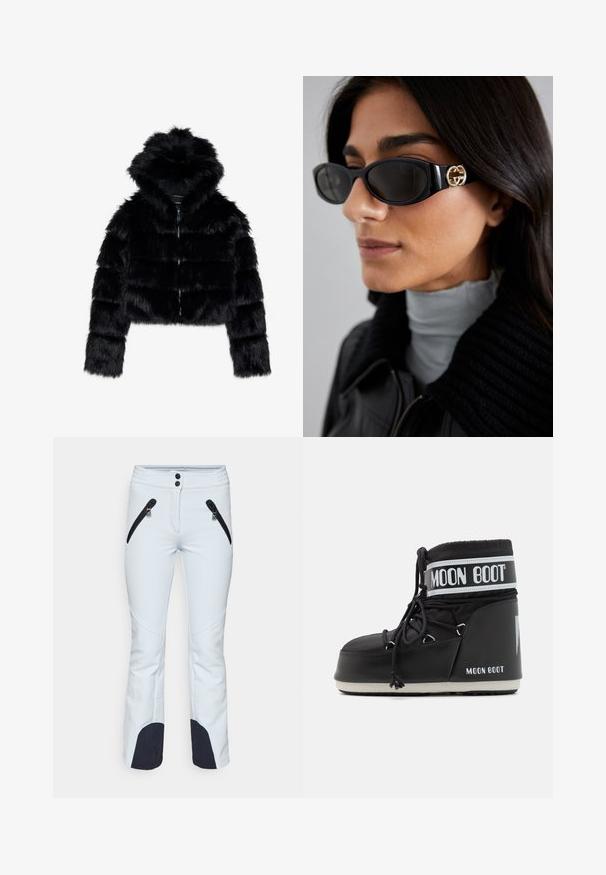Zwarte nep-bonten cropped jack met een capuchon. Voorzien van een ritsluiting, een zachte textuur en een horizontaal gestikt design.; Witte langemouwen turtle neck shirt van een soepel, rekbaar stof. Heeft een strakke pasvorm en een hoge kraag. Geen zichtbare patronen of accenten.; Lichtblauwe skibroek van stevig materiaal, met twee zwarte ritszakken, verstevigde zwarte enkels en een knoopsluiting.; Zwarte Moon Boot met een gevoerde bovenkant, bevestigd met veters en een kenmerkende witte band met het logo. Dikke, gestructureerde rubberen zool.; Zwarte zonnebril met een stijlvolle rechthoekige montuur en een gouden logo-accent aan de zijkant. Donkere lenzen en een glanzende afwerking zijn opvallend.
