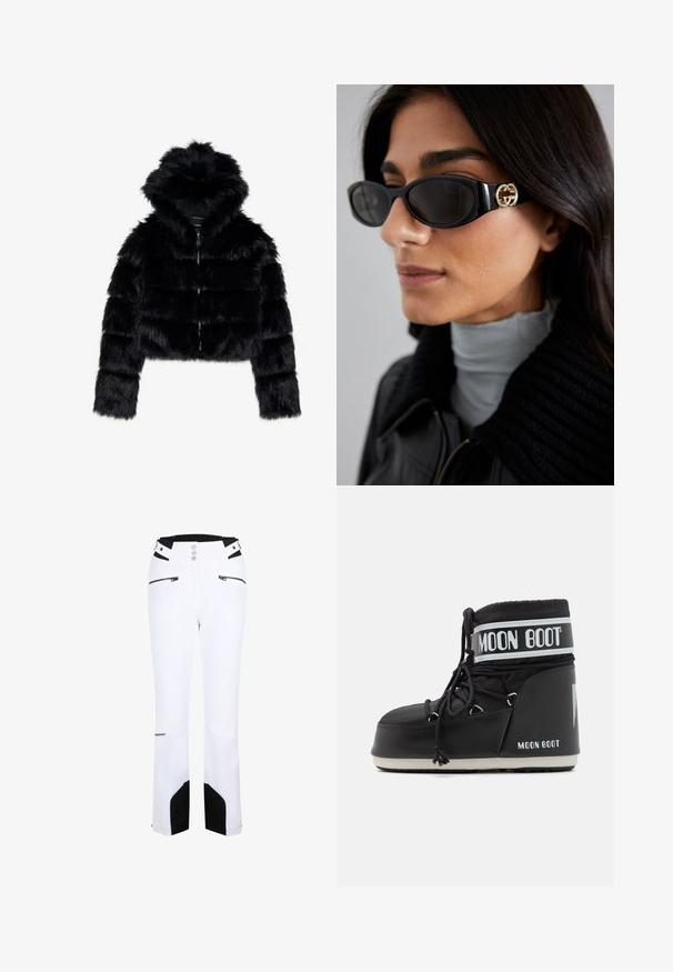 Black faux fur cropped jacket with a hood. Features a zip closure, soft texture, and horizontal quilted design.; White long-sleeve turtleneck shirt made from a smooth, stretchy fabric. Features a snug fit and a high collar. No visible patterns or accents.; White ski pants with black accents, a high waist, zippered pockets, button closure, and a smooth texture. Brand logo near the hem.; Black Moon Boot with a padded upper, secured by laces and a distinctive white band featuring the logo. Thick, textured rubber sole.; Black sunglasses featuring a sleek rectangular frame with a gold logo accent on the side. Dark lenses and glossy finish are prominent.