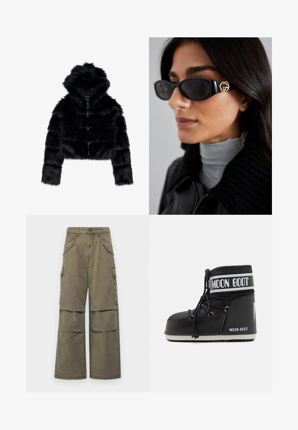 Jaqueta curta de pelúcia preta com capuz. Apresenta um fecho de zíper, textura suave e design com quilt horizontal.; Camisola branca de gola alta de manga longa, feita de um tecido liso e elástico. Apresenta um ajuste justo e uma gola alta. Sem padrões ou detalhes visíveis.; Calças cargo caqui em algodão, com um estilo de perna larga, vários bolsos e detalhes costurados. Adequadas para uso casual.; Bota Moon preta com parte superior acolchoada, segura por atacadores e uma faixa branca distintiva com o logótipo. Sola de borracha grossa e texturizada.; Óculos de sol pretos com uma estrutura retangular elegante e um detalhe de logotipo dourado na lateral. Lentes escuras e acabamento brilhante são destacados.