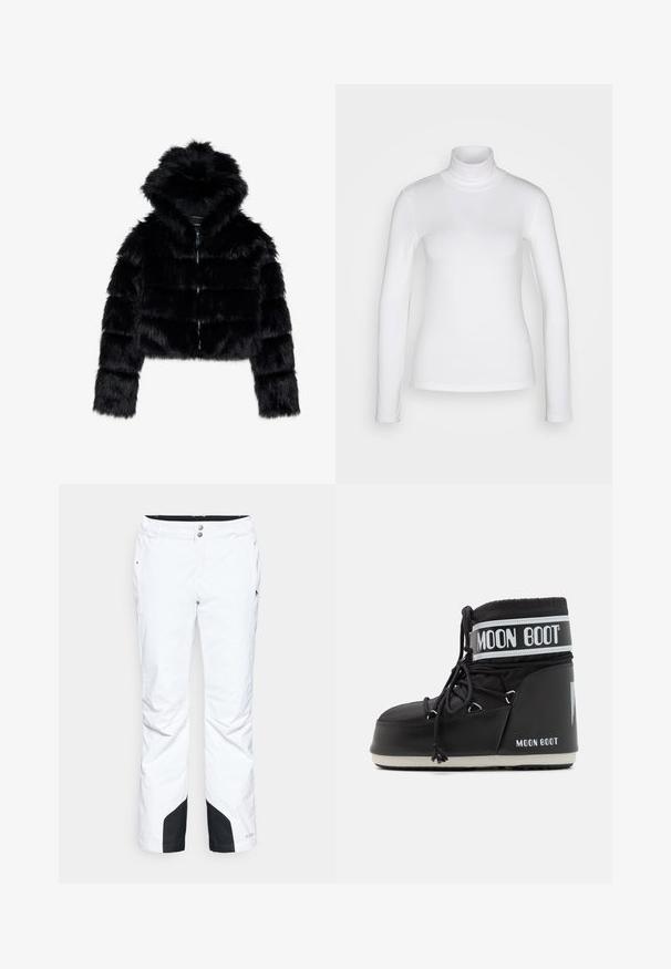 Schwarze Kunstfell-Bolerojacke mit Kapuze. Sie verfügt über einen Reißverschluss, eine weiche Textur und ein quer gestepptes Design.; Weißes langärmeliges Rollkragenshirt aus einem glatten, dehnbaren Stoff. Hat eine enganliegende Passform und einen hohen Kragen. Keine sichtbaren Muster oder Akzente.; Weiße Schneehosen mit einem schlanken Design, ausgestattet mit zwei Fronttaschen, verstärkten schwarzen unteren Paneelen und einem Knopfverschluss am Bund.; Schwarze Moon Boot mit gepolstertem Schaft, der mit Schnürsenkeln gesichert ist, und einem auffälligen weißen Band mit dem Logo. Dicke, strukturierte Gummisohle.