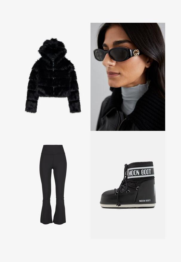 Sort faux fur cropped jakke med hætte. Har lynlåslukning, blød tekstur og horisontal quiltet design.; Hvid langærmet mærket skjorte lavet af et glat, strækbart stof. Har en tætsiddende pasform og en høj krave. Ingen synlige mønstre eller detaljer.; Sorte flagrende leggings lavet af et strækbart, glat stof. Høj talje og slids ved bunden af benene tilføjer ekstra designdetaljer.; Sort Moon Boot med en polstret overdel, sikret med snørebånd og et karakteristisk hvidt bånd med logoet. Tykk, struktureret gummi sål.; Sorte solbriller med en strømlinet rektangulær ramme og en guld logoaccent på siden. Mørke linser og blank overflade er fremtrædende.; Sorte strikkede handsker med ribbet manchet, designet med separate fingeråbninger for fuld bevægelighed. Blød tekstur og jævn syning.
