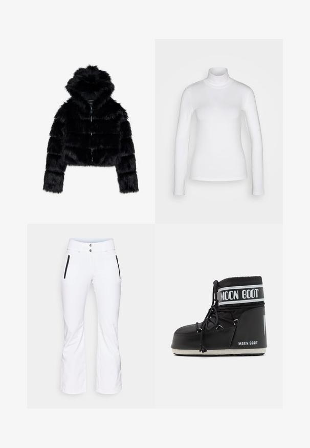 Must värvi faux karusnaha lühike jakk kapuutsiga. Omab tõmblukku, pehmet tekstuuri ning horisontaalset tikandimustrid.; Valge pikad varrukad kõrge kaelusega särk, valmistatud sujuvast ja venivast kangast. Omab tihedat istuvust ja kõrget kraed. Ei ole nähtavaid mustreid ega aktsente.; Valged suusapüksid kitseneva säärega, mustade kahe lukuülemise küljetaskuga ja kahe metallnupuga vöökoht. Sile, veekindel materjal.; Must musta moonboot, millel on pehmendatud ülaserv, mis on kinnitatud paeltega ja millel on iseloomulik valge riba, millel on logo. Paks, tekstureeritud kummitald.