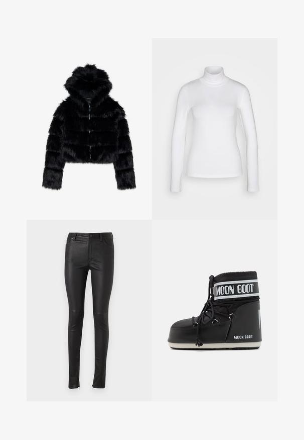 Fekete műszőrme rövid kabát kapucnival. Cipzárral záródik, puha tapintású és vízszintes steppelt mintázattal rendelkezik.; Fehér, hosszú ujjú garbó póló, sima, rugalmas anyagból készült. Szoros illeszkedésű és magas gallérral rendelkezik. Nincsenek látható minták vagy díszítések.; Fekete műbőr nadrág, slim fit szabással, cipzár részlettel a bokán és hagyományos zsebkialakítással. Sima textúra és fényes kivitel.; Fekete Moon Boot párnázott felsőrésszel, fűzővel rögzítve, jellegzetes fehér szalaggal, amelyen a logo található. Vastag, texturált gumitalp.
